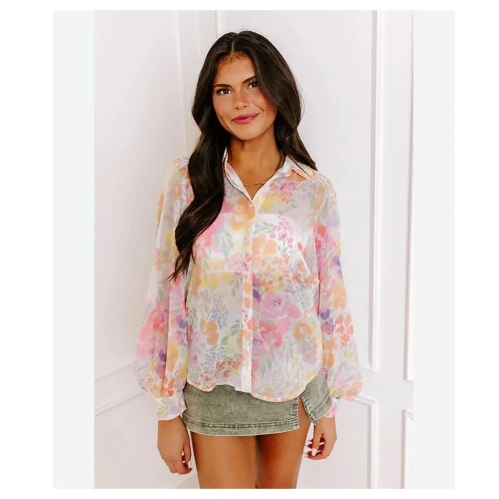 Olivaceous Sheer Lush Blooms Chiffon Button Up Fairy Whimsy Coquette Regencycore - Picture 1 of 9